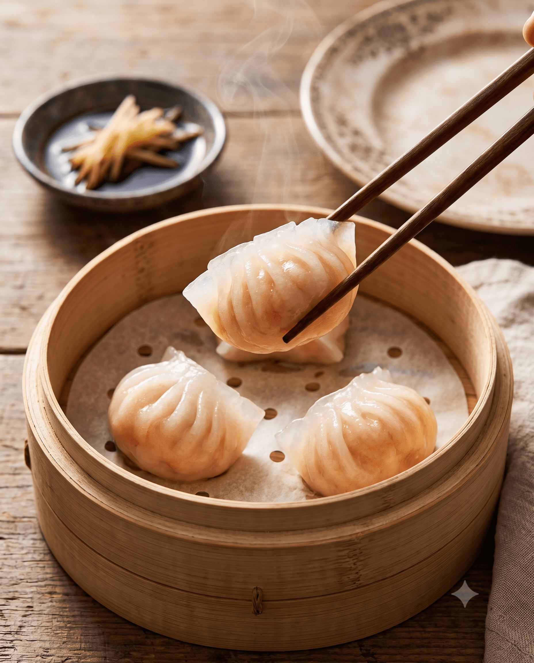 Crystal har gow lifted by chopsticks over bamboo steamer