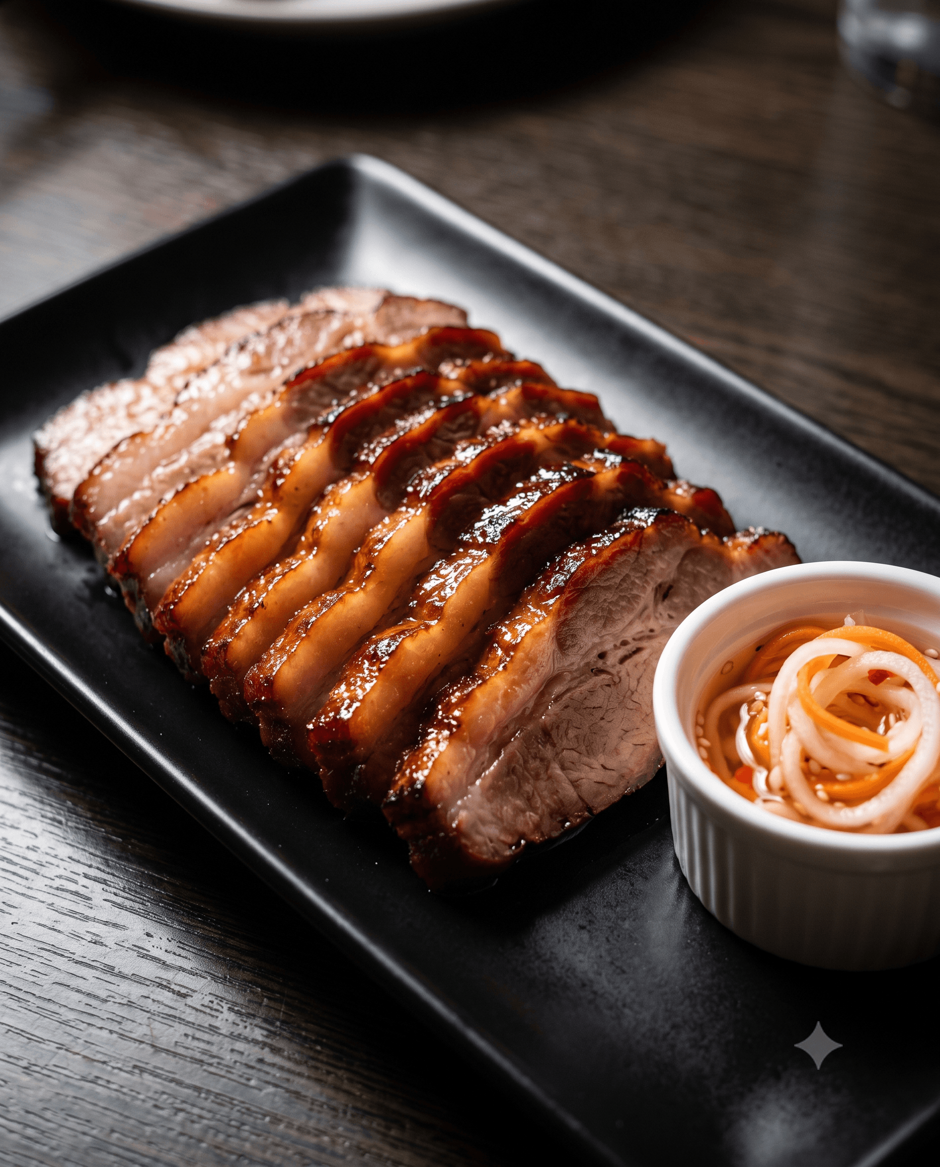 Sliced char siu fanned on black plate with pickles