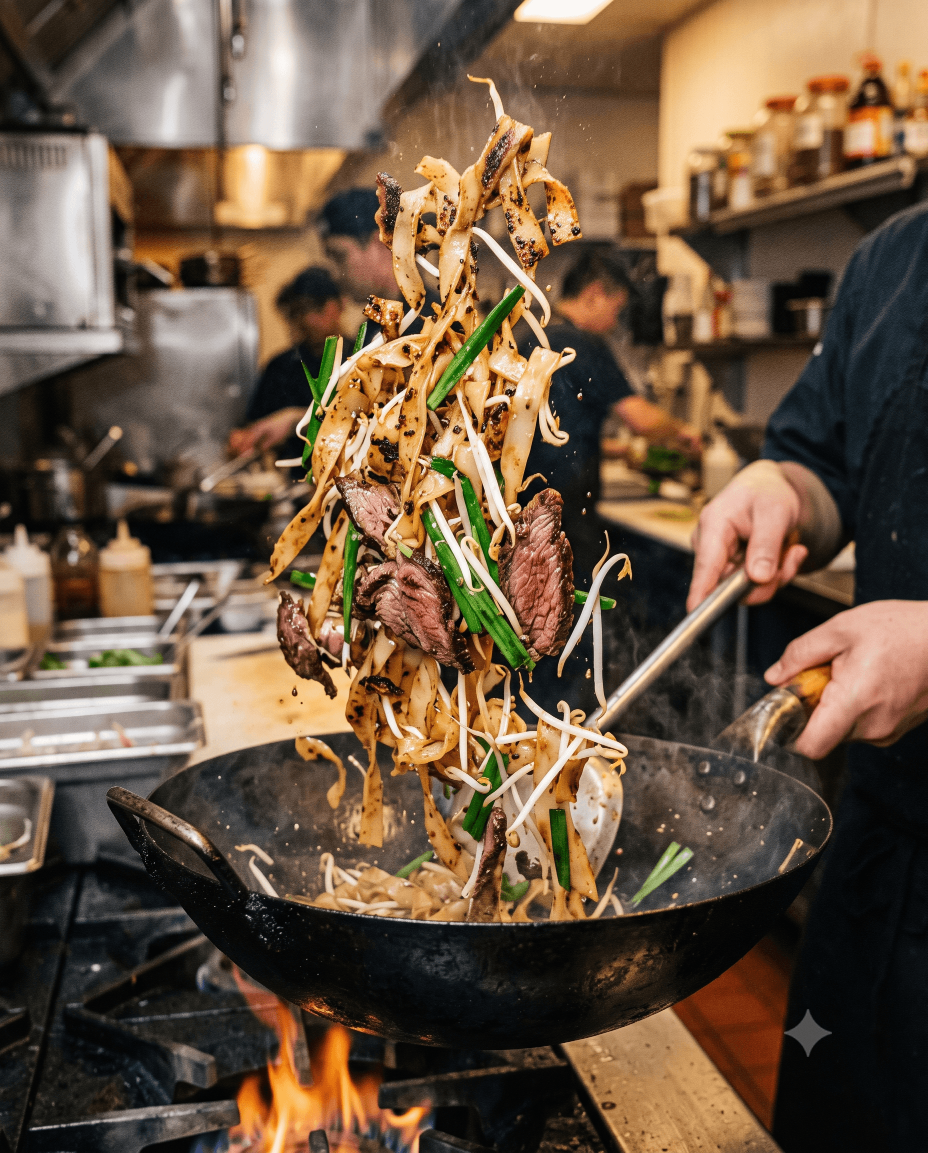 Beef chow fun tossed high in wok with flames