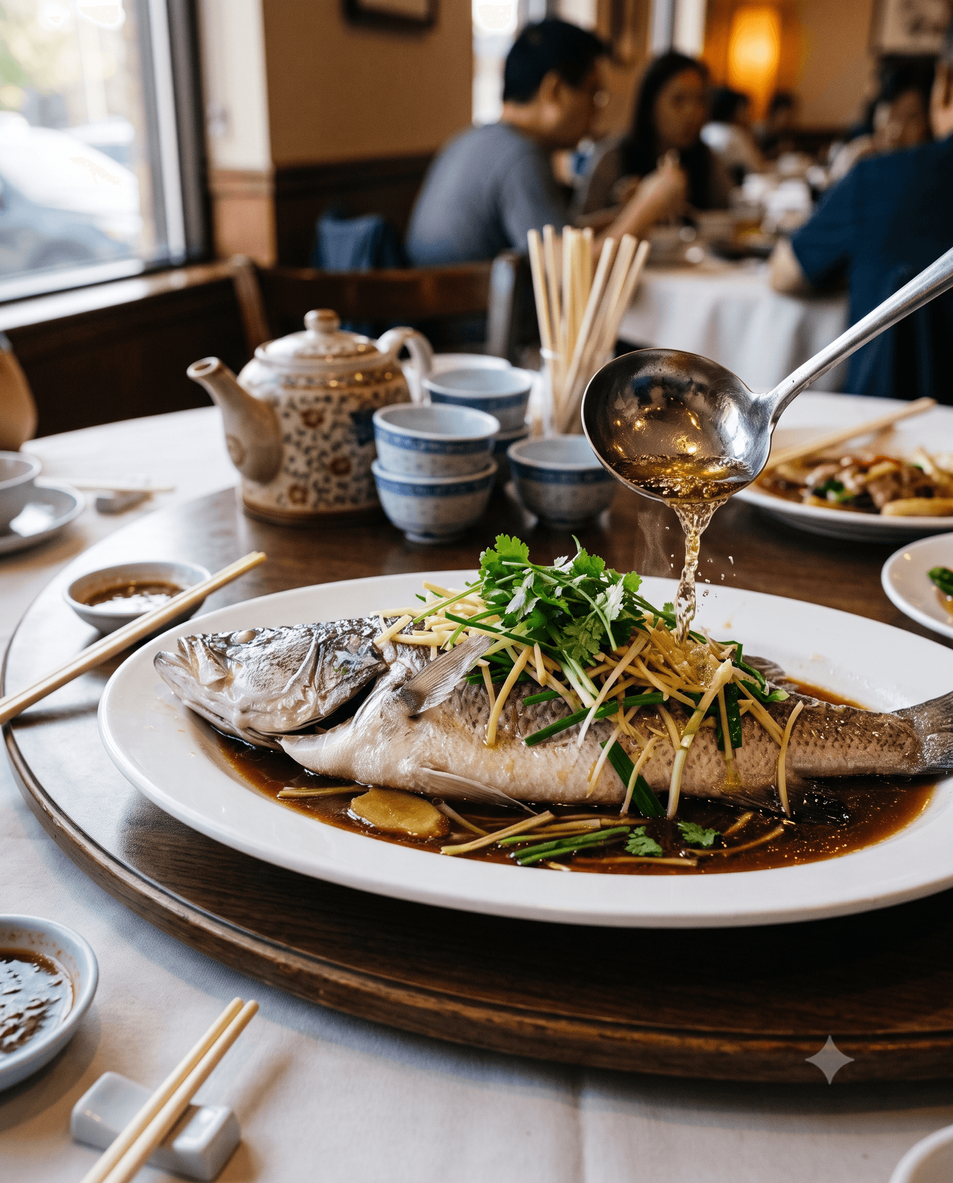 Whole steamed fish with ginger-scallion and hot oil pour