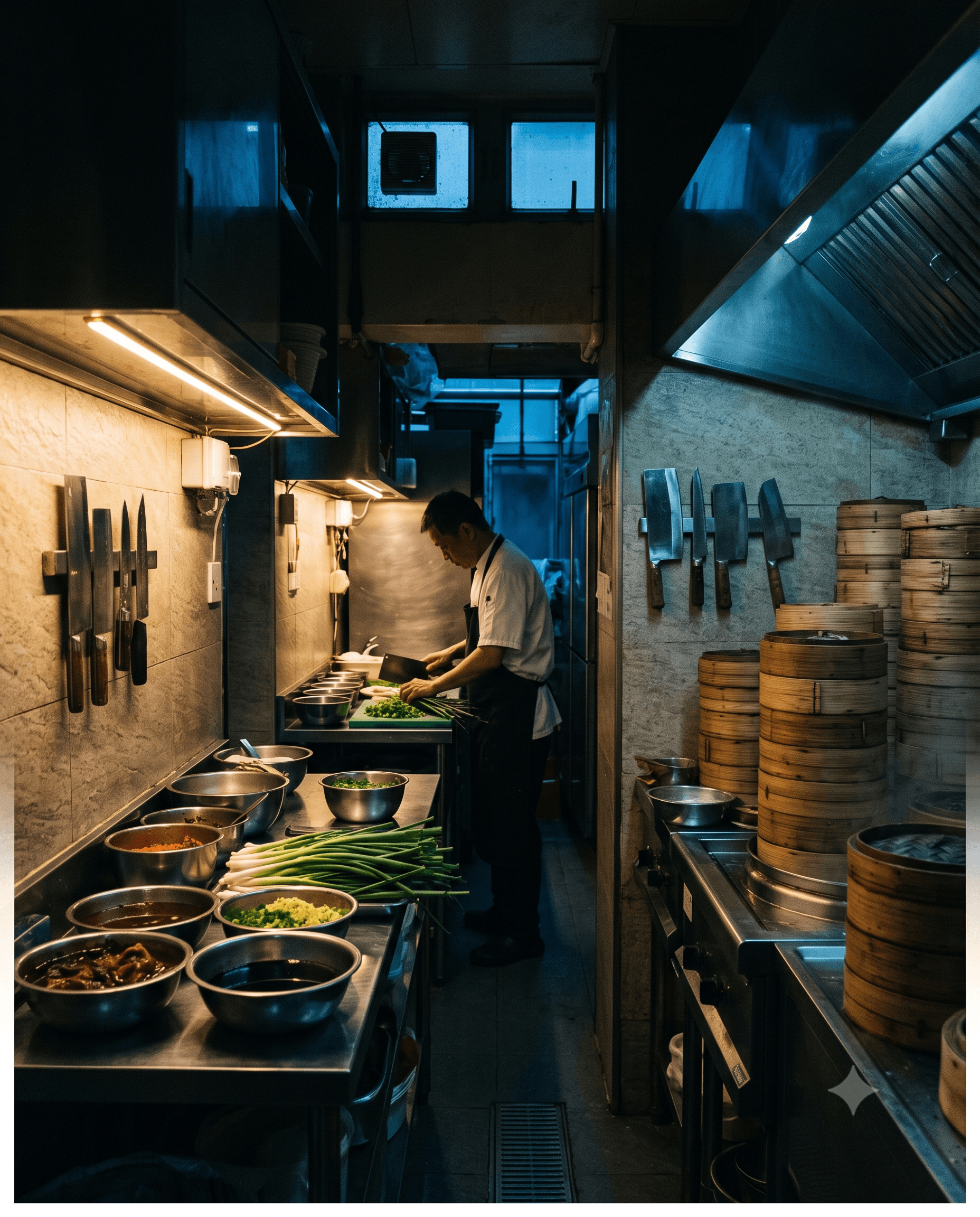 Chef chopping scallions at 4 AM in narrow Cantonese kitchen with stacked bamboo steamers