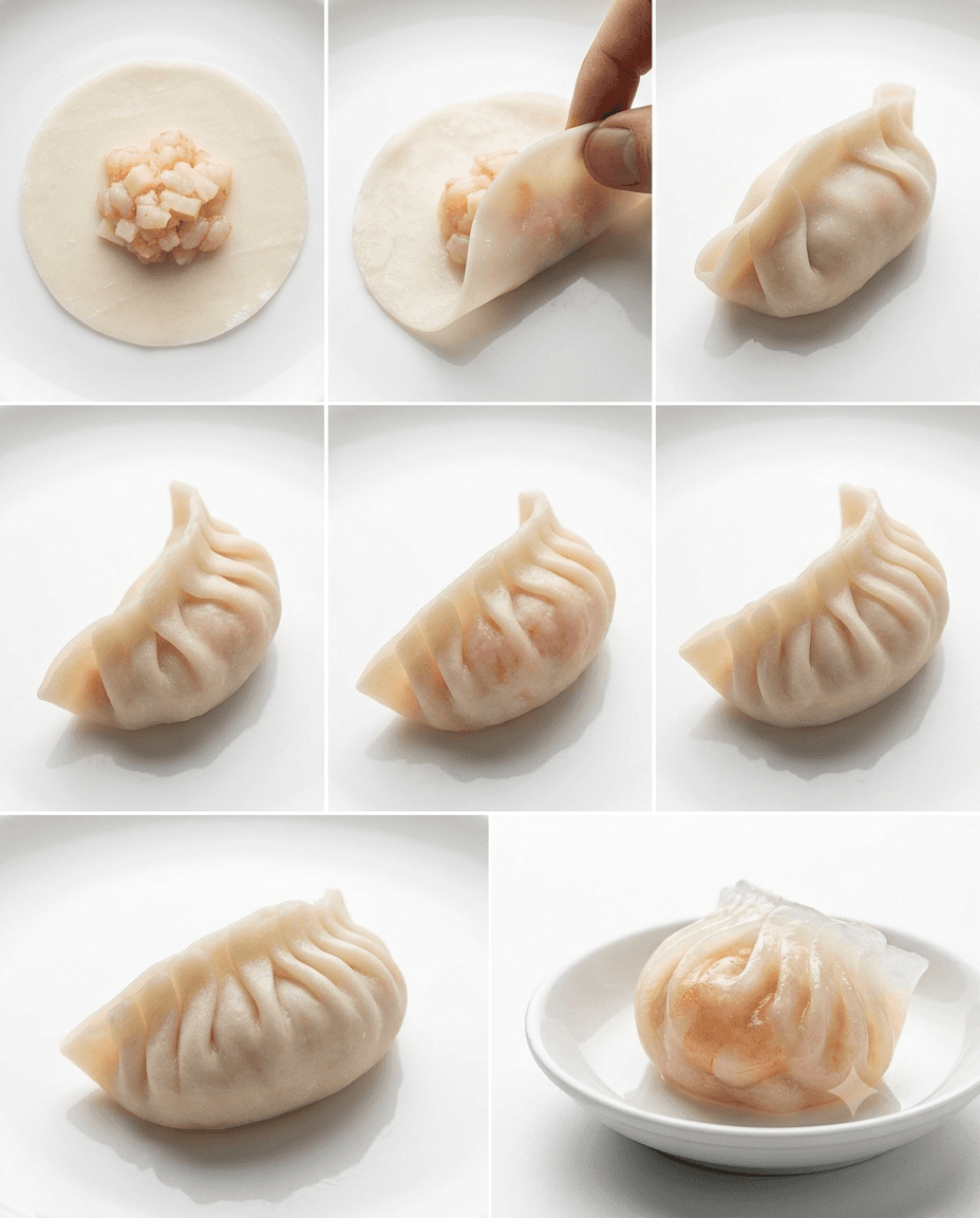 Har gow pleating sequence showing seven precise folds