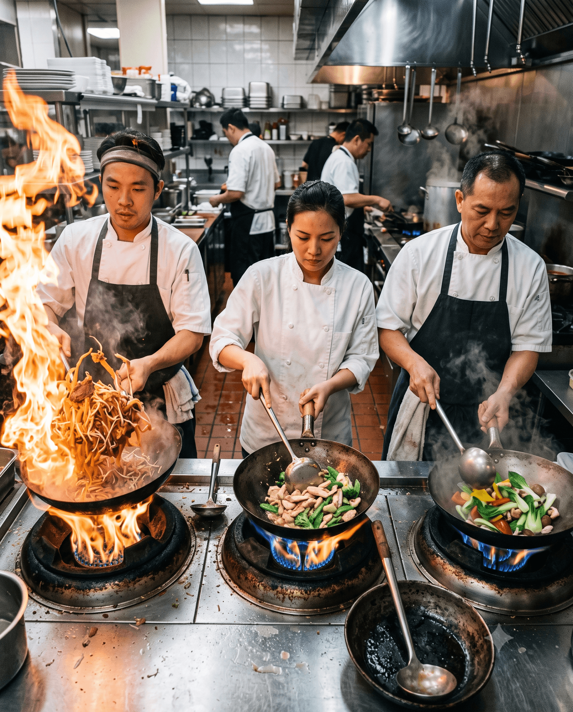 Three chefs firing three woks simultaneously with different flames