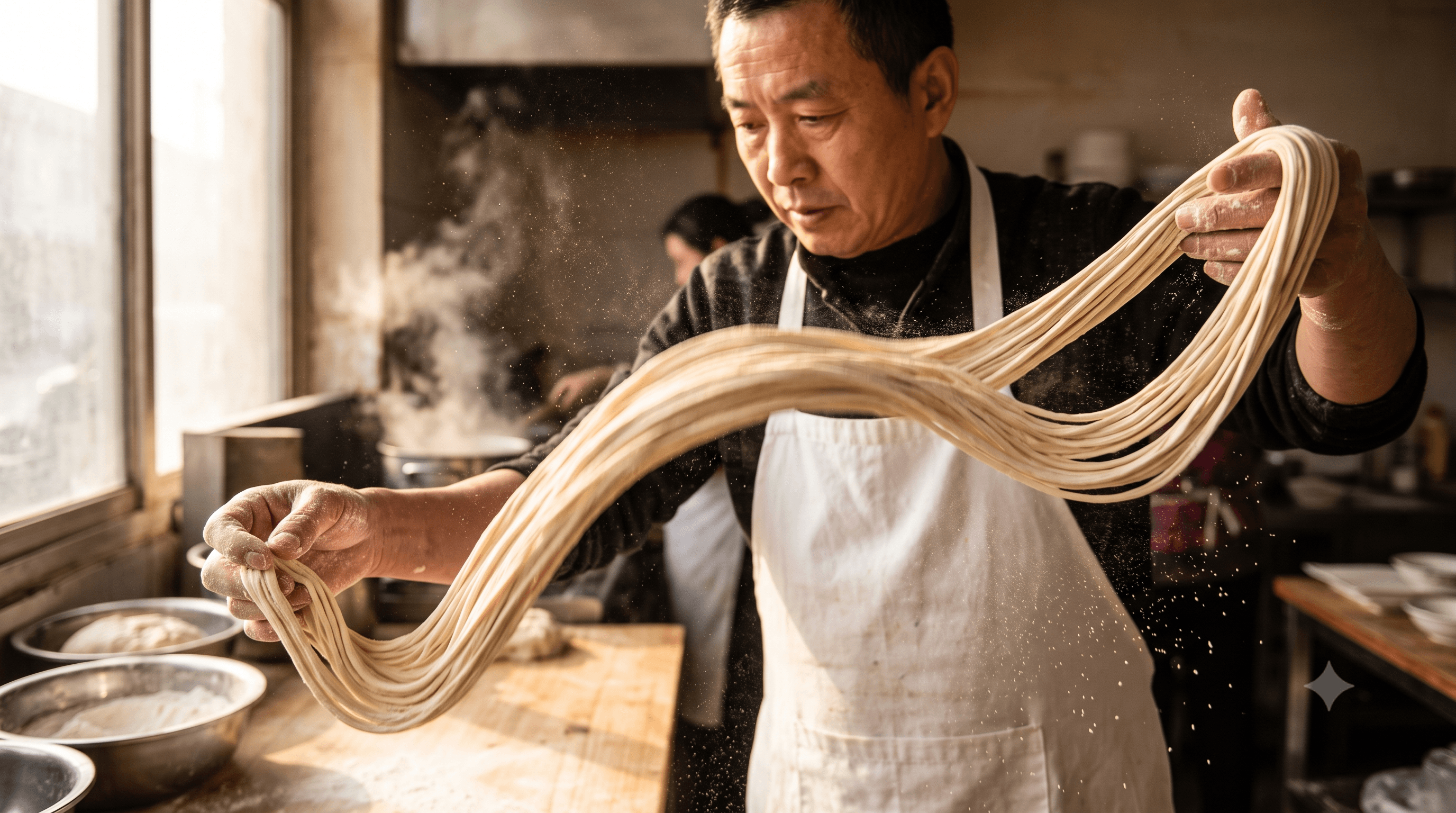 Master pulling hand-stretched noodles in morning light with flour dust
