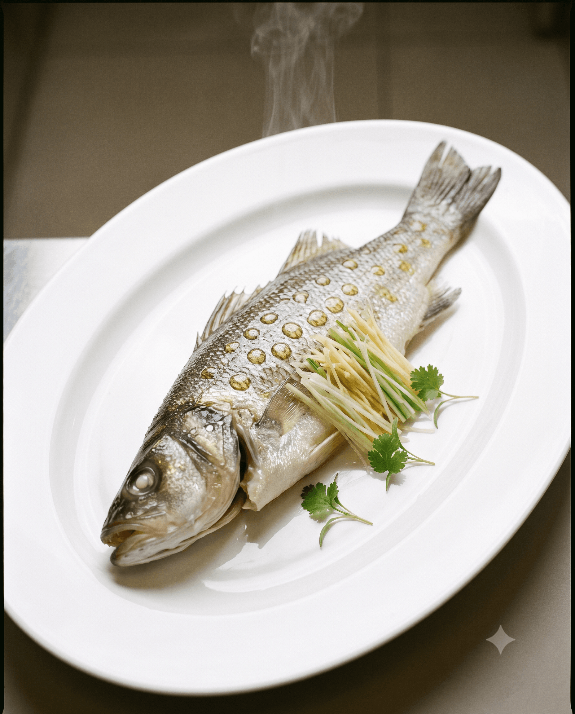 Steamed whole fish on white oval platter with ginger-scallion and cilantro