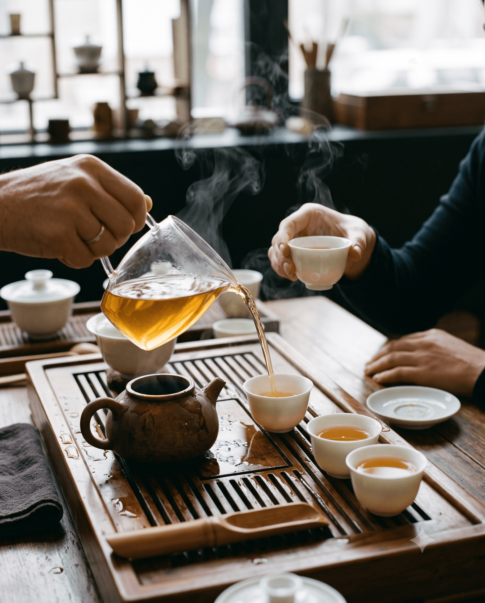 Gong fu tea pouring amber liquor into thimble cups