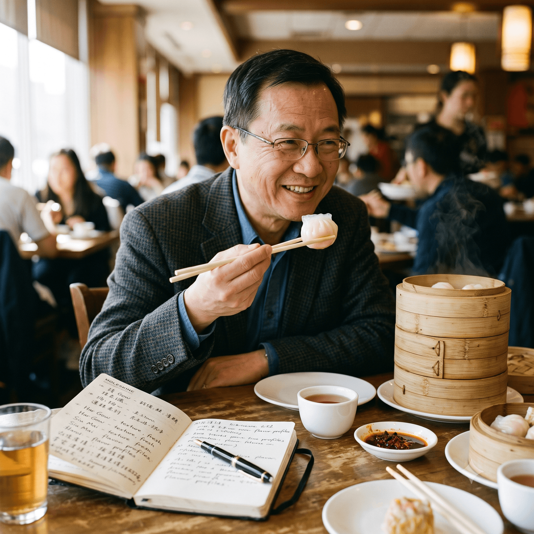 M. Chen holding har gow in chopsticks with tasting notebook
