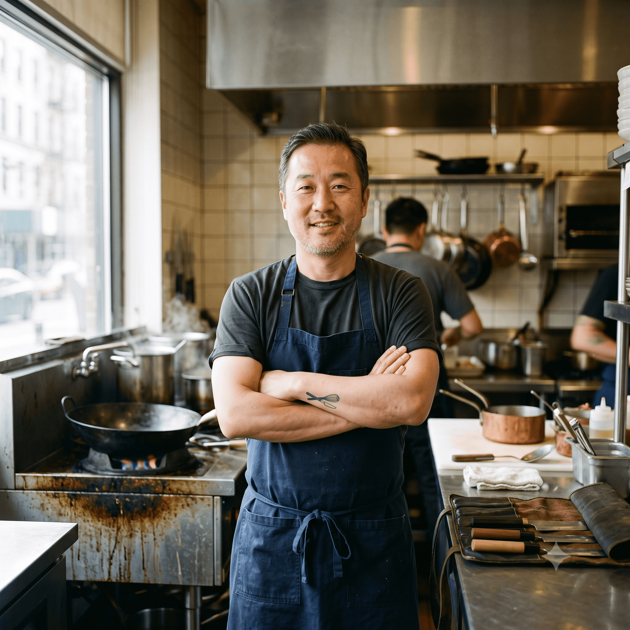 J. Park in kitchen with arms crossed, wok behind