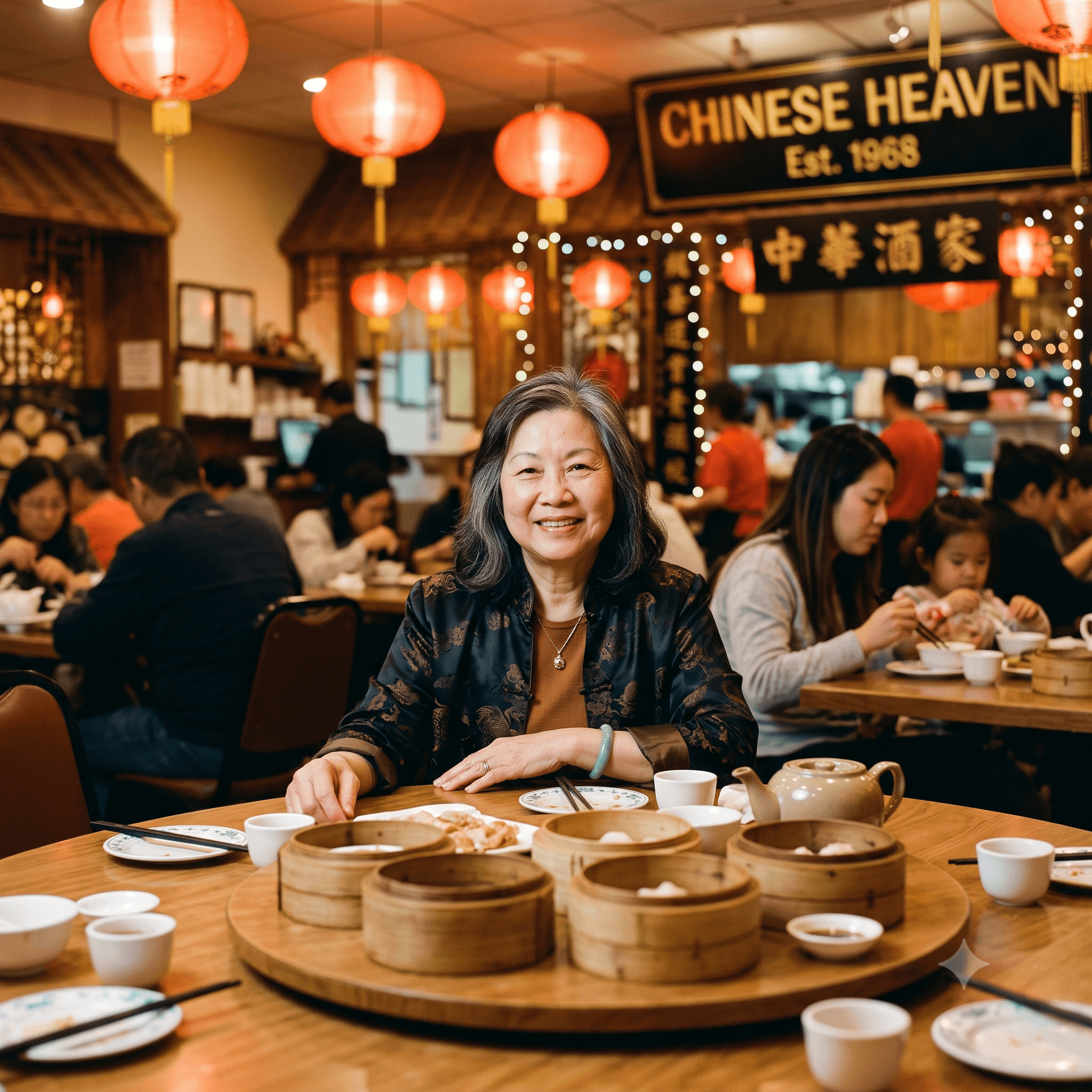 L. Wong at Chinese Heaven table with dim sum and jade bracelet