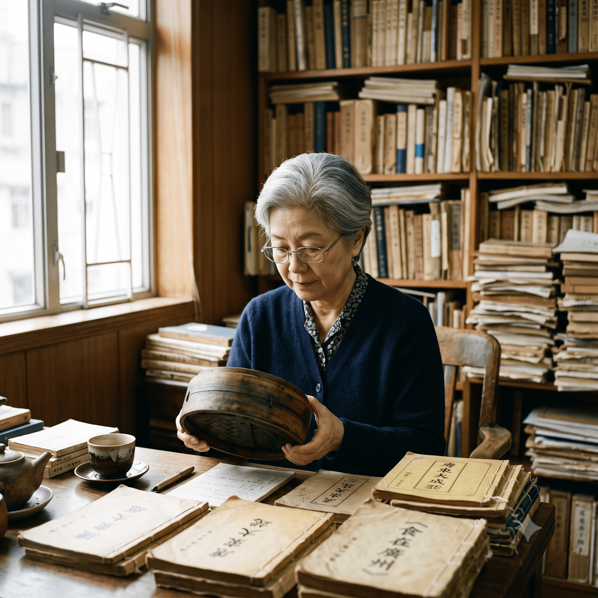 K. Tanaka in study holding vintage bamboo steamer